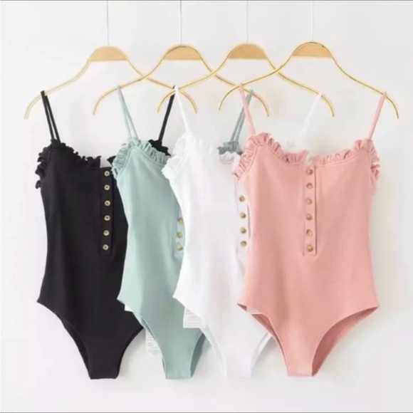 COTTON RIBBED BODYSUIT FEMININE RUFFLED TOP SURROUND QUALITY ALL RIBBED COTTON - Picture 2 of 10